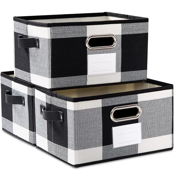 PRANDOM Large Collapsible Storage Baskets for Closet [3-pack] Decorative Fabric Storage Bins Cubes with Leather/Metal Handles