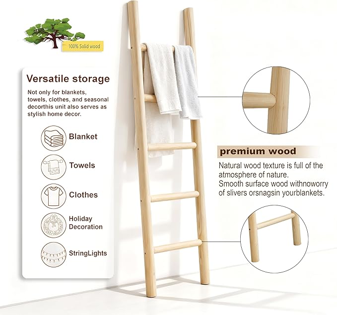 Wooden Blanket Ladder - 57in Natural Wood Color- Leaning Wall Decor for Bedroom, Bathroom, Living Room - Rustic Quilt Holder 