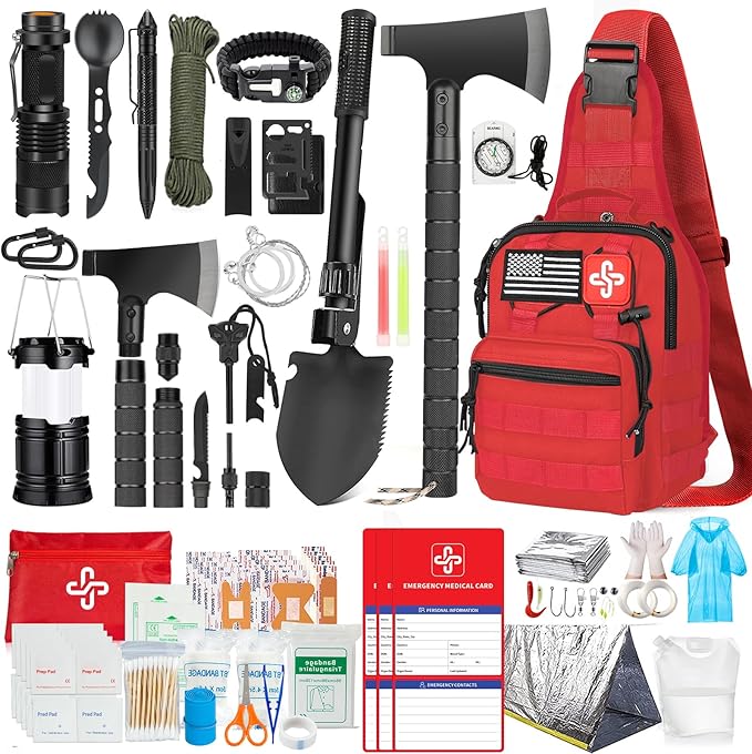 Survival Kit, 262Pcs Survival Gear and Supplies with First Aid Kit Pouch and Crossbody Bag, Emergency Kit with Tent, Camping 