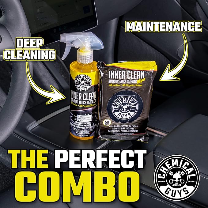 Chemical Guys InnerClean Interior Quick Detailer & Protectant Wipes – 50 Pack Multi Surface Interior Cleaner Wipes for Dashbo