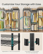 SONGMICS Heavy-Duty Clothes Rack, Garment Rack, Portable Closet, 56.9-Inch Wide Clothing Rack, with Adjustable Mesh Shelves a