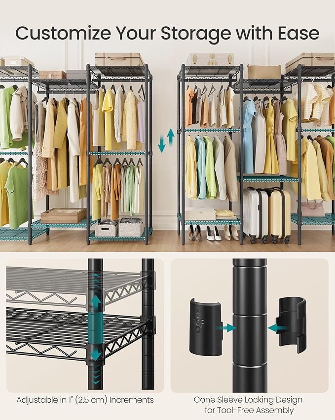 SONGMICS Heavy-Duty Clothes Rack, Garment Rack, Portable Closet, 56.9-Inch Wide Clothing Rack, with Adjustable Mesh Shelves a