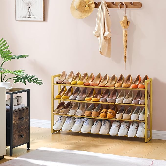 FAVOOSTY 4-Tier Expandable Shoe Rack, Adjustable Shoe Shelf Storage Organizer Space Saving Metal Free Standing Shoe Rack for 