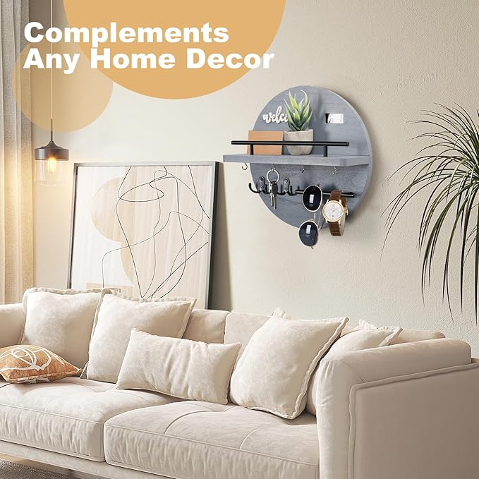 Key Holder for Wall, Key and Mail Holder Organizer with - Key Holder Wall Mount - Round Wooden Rustic Home Decor for Entryway