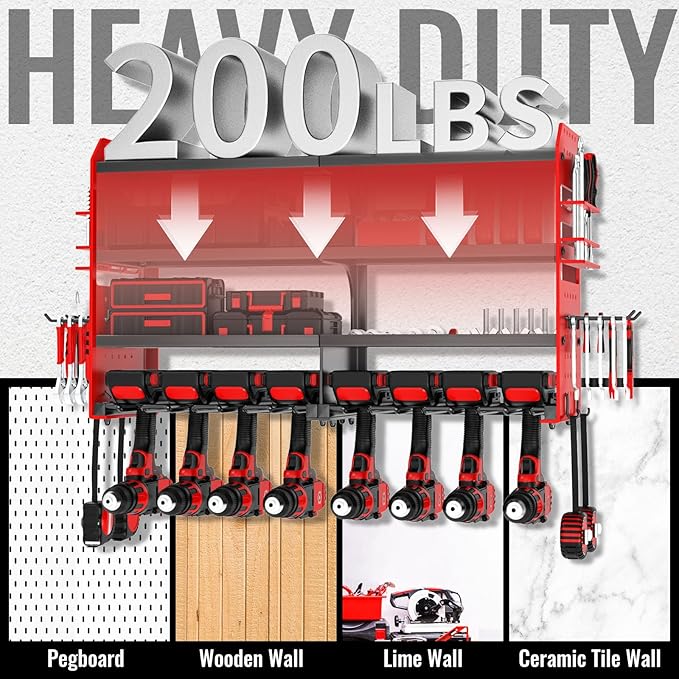 Power Tool Organizer Wall Mount, Metal Power Tool Storage Rack with Screwdriver Holder, Garage Tool Storage Shelves with Scre