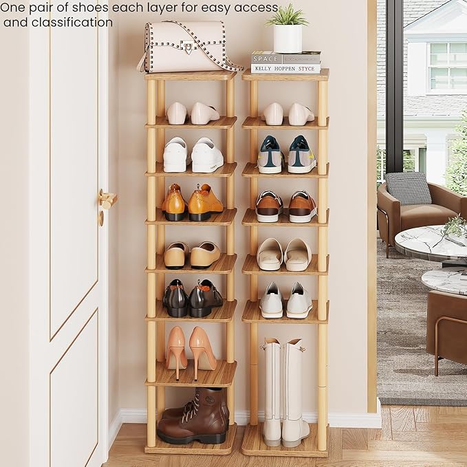 LUCKNOCK Vertical Shoe Rack, 8-Tier Tall Narrow Shoe Organizer for Entryway, Closet, Dorm & Small Spaces, Freestanding Wooden