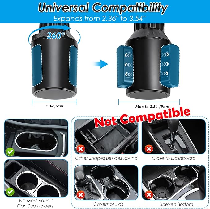 Biupky Car Cup Holder Expander, 4-in-1 Universal Cup Holder Tray Compatible with 2.6" to 3.94", Multi Cup Holders Table with 