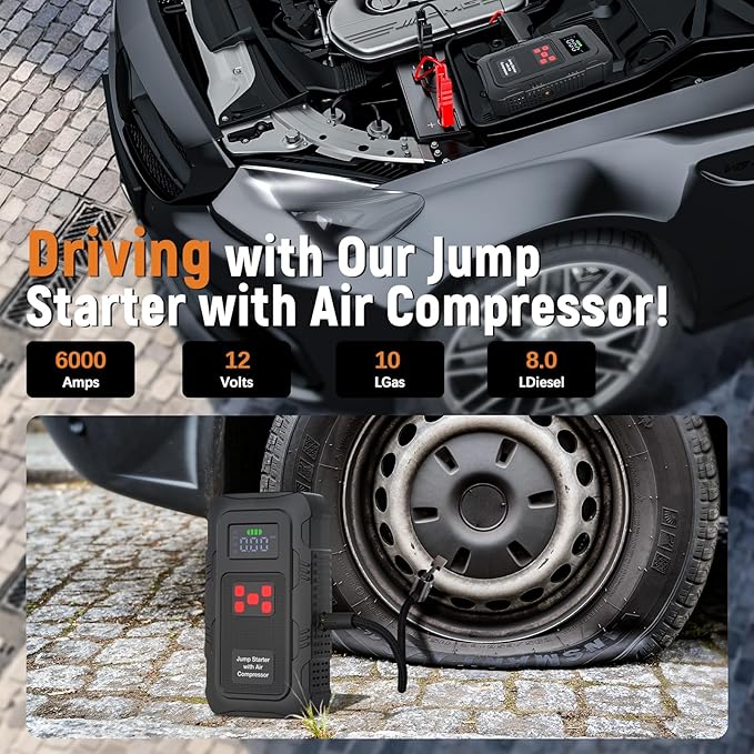 6000A Jump Starter with Air Compressor Portable Car Battery Jump Starter with 150 PSI Tire Inflator for Up to 10.0L Gas and