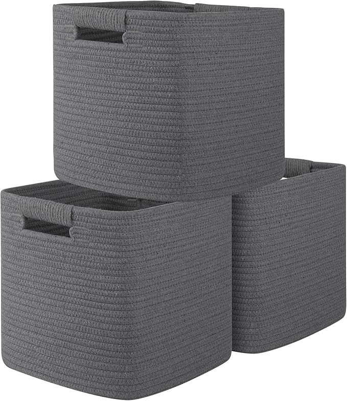 OIAHOMY Storage Cubes 11 Inch Storage Bins-3 Pack, Cotton Rope Woven Baskets for Organizing, Square Baskets for Shelves Organ