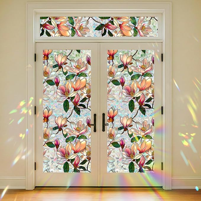 Magnolia Sunroof Stained Glass Window Film Decorative, 3D Rainbow Window Film Non-Glue Static Cling Sunroof Decal for Car Moonroof Home Glass Door Decor, 16.9" x 39.4"