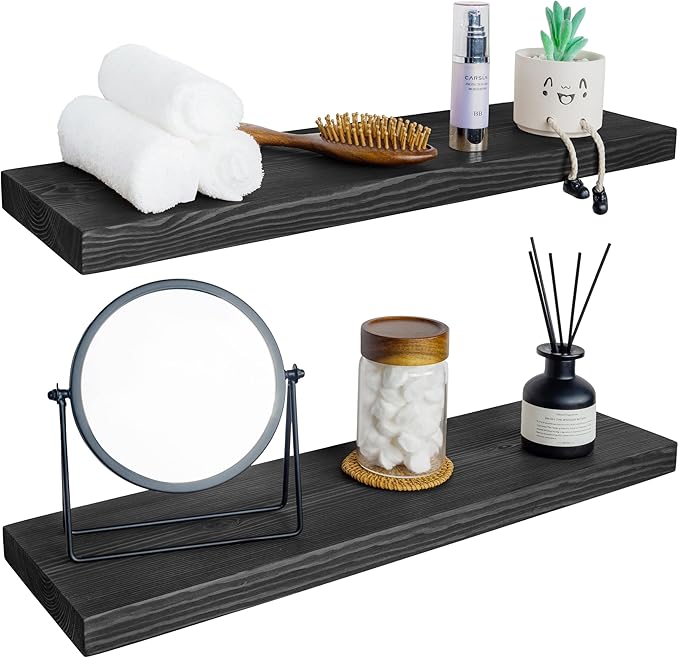 BGMG Wood Floating Shelves for Wall 30 inch Set of 2,Black Floating Shelves,Solid Wood Wall Mount Shelves for Bathroom Living