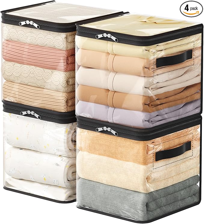 Lifewit 4 Pack Clear Clothes Storage Bags, 11 Inch Clear Cube Storage Bins, 18L Vinyl Foldable Moving Bags with Zipper, Stora