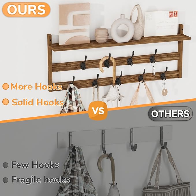 AMBIRD Coat Rack Wall Mount with Shelf, 29" Coat Hooks Wall Mounted with 9 Metal Hooks for Entryway, Bathroom, Bedroom, Livin