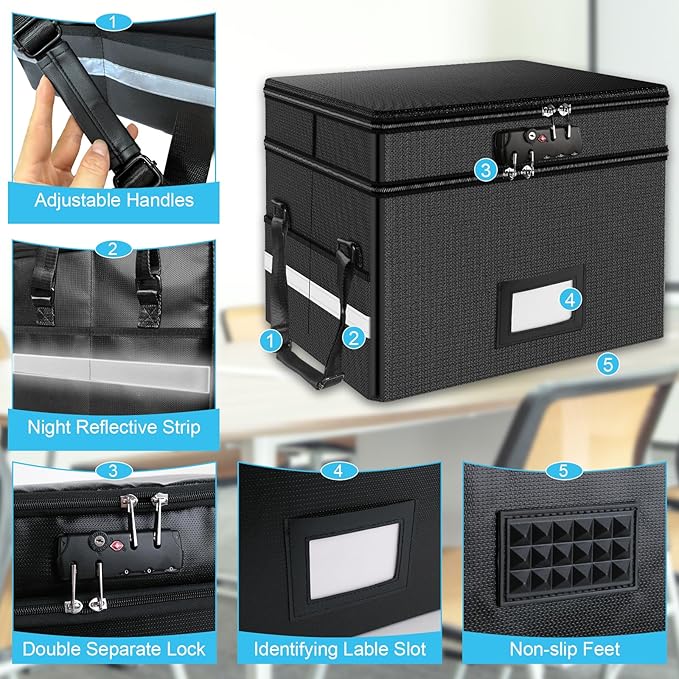 RHM Fireproof Document Box with Lock, 2 Layer Fire Proof File Box for Documents with Handle, Portable Home Office Fire Safe D