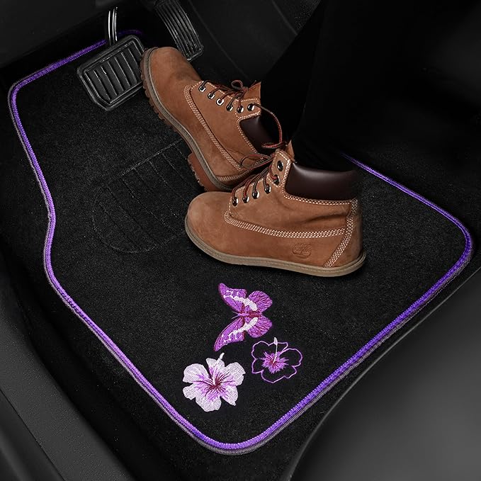 CAR PASS Embroidery Butterfly and Flower Car Floor Mats, Purple Car Floor Mats, Universal Fit 95% Automotive,SUVS,Sedan,Vans,