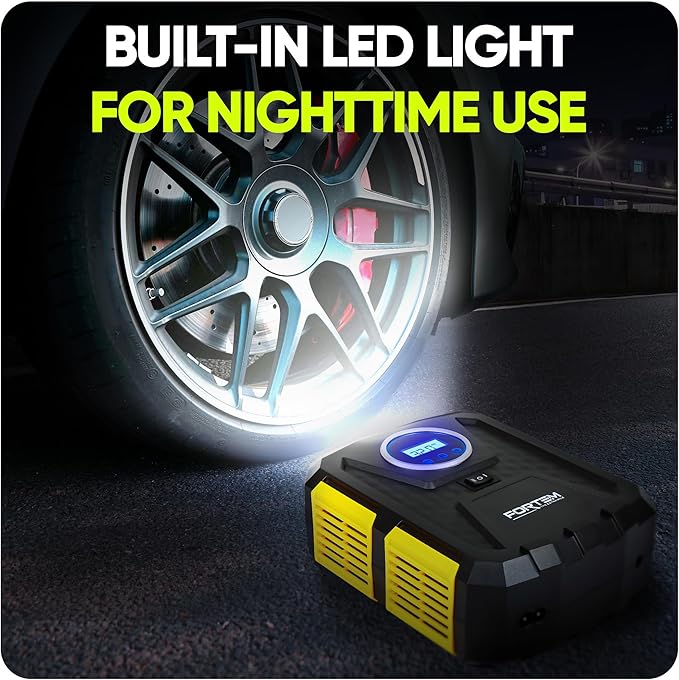 FORTEM Tire Inflator Portable Air Compressor, Air Pump for Car Tires and Bikes, Car Tire Pump w/Auto Shut Off, 150 PSI, 110V AC 12V DC, LED Light, Carrying Case, for Men, Women