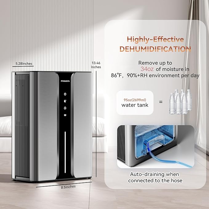 Home Dehumidifier with Drain Hose, (950 sq.ft) 95oz Quiet dehumidifier for Bathroom Bedroom, with Air Reusable Filter Indoor 
