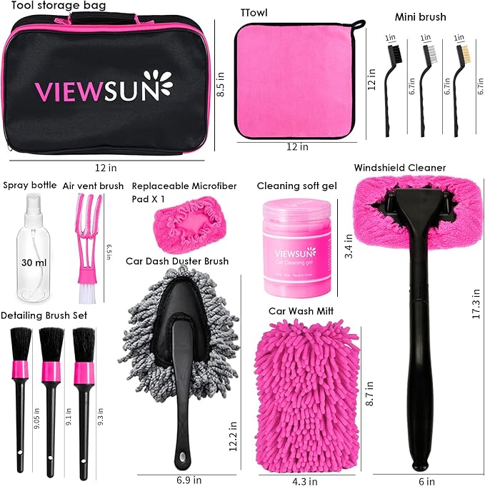 Viewsun 20PCS Car Cleaning Kit, Pink Car Interior Detailing Kit with Drill Brush Set, Windshield Cleaning Tool, Detailing Bru