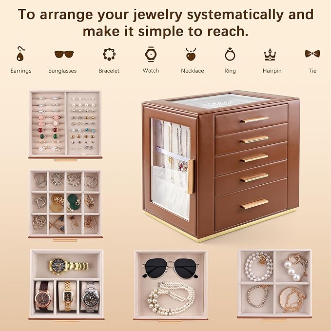Homeanda Jewelry Box for Women with Glass Lid, 5 Drawers Jewelry Organizer and Storage for Necklaces, Rings, Earrings, Bracel