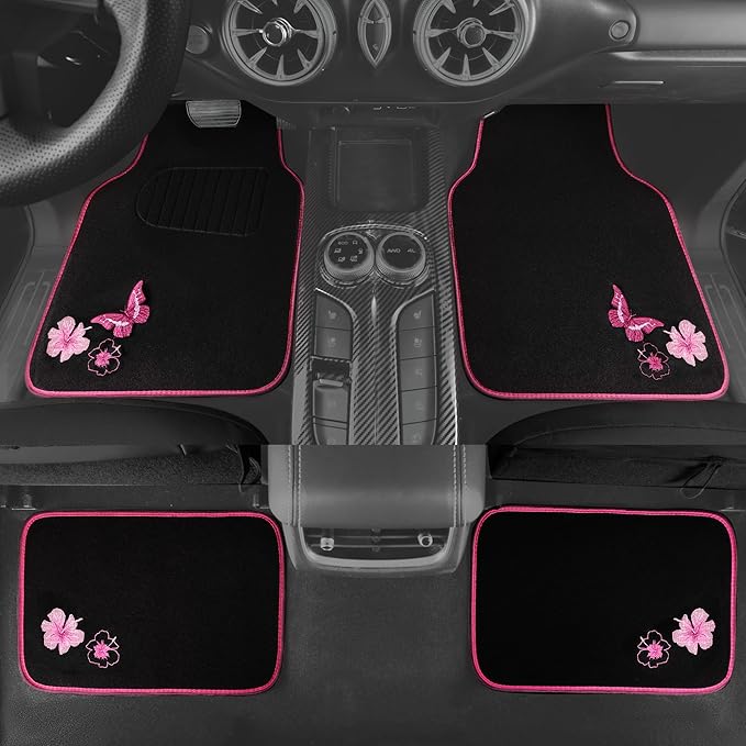 CAR PASS Embroidery Butterfly and Flower Car Floor Mats, Pink Car Floor Mats Universal Fit 95% Automotive,SUVS,Sedan,Vans,for