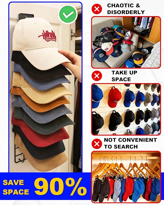 2 Pack Baseball Cap Organizer Can Hold up to 20 Hats for Wall Mount Closet Door Bedroom, Easy to Install Large Capacity Baseb