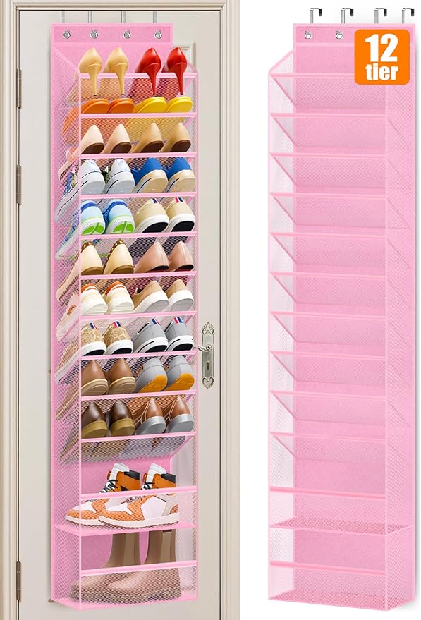 MISSLO 12 Tier Over the Door Shoe Organizer Breathable Mesh Hanging Shoe Rack for Closet Storage Shoe Holder for Door Fit 24 