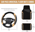 CAR PASS Microfiber Steering Wheel Cover and Waterproof Car Floor Mats,Leather Universal Car Combo Fit for 95% Truck,SUV,Cars