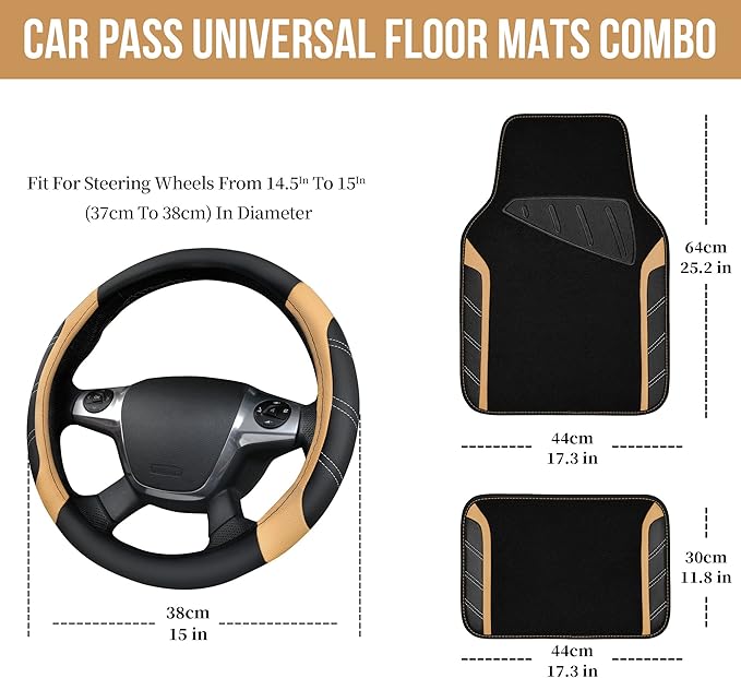 CAR PASS Microfiber Steering Wheel Cover and Waterproof Car Floor Mats,Leather Universal Car Combo Fit for 95% Truck,SUV,Cars
