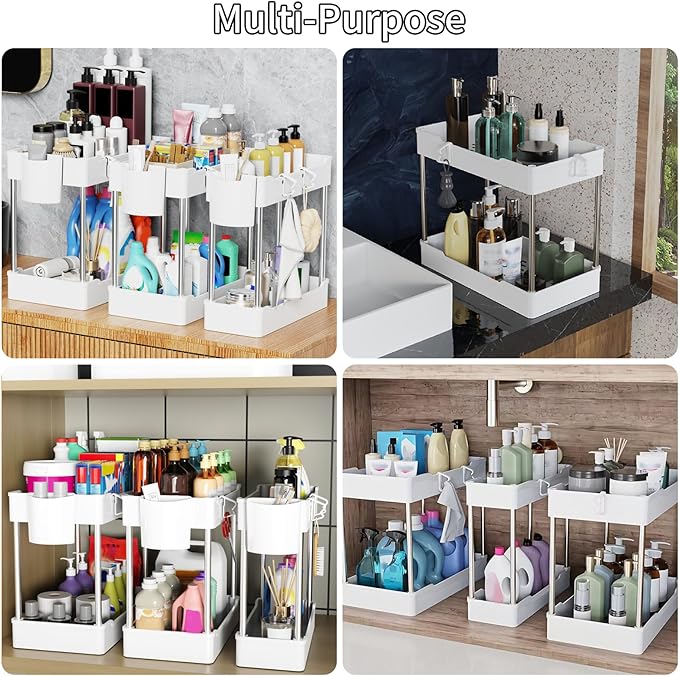 3 Pack Under Sink Organizers and Storage, 2 Tier Bathroom Cabinet Organizer Shelf with Hanging Cups for Kitchen & Bathroom (W