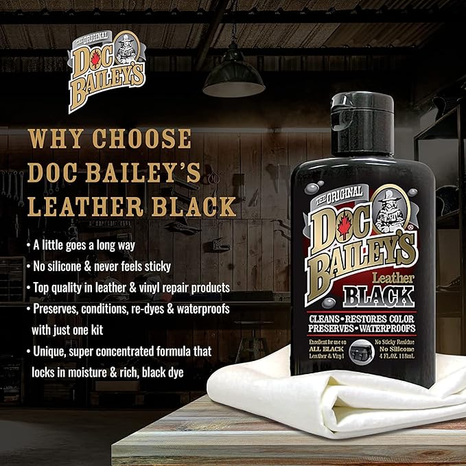Doc Baileys Black Leather Detail Kit - All-in-One Leather Cleaner, Conditioner, Dye & Waterproofer - Restores Faded Black Lea