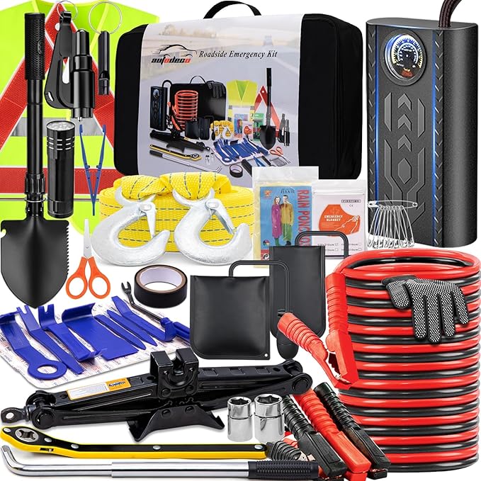 AUTODECO Car Emergency Roadside Kit with Scissor Jack, Air Compressor, Jumper Cables, Car Safety Kit, Air Wedge Bag Pump