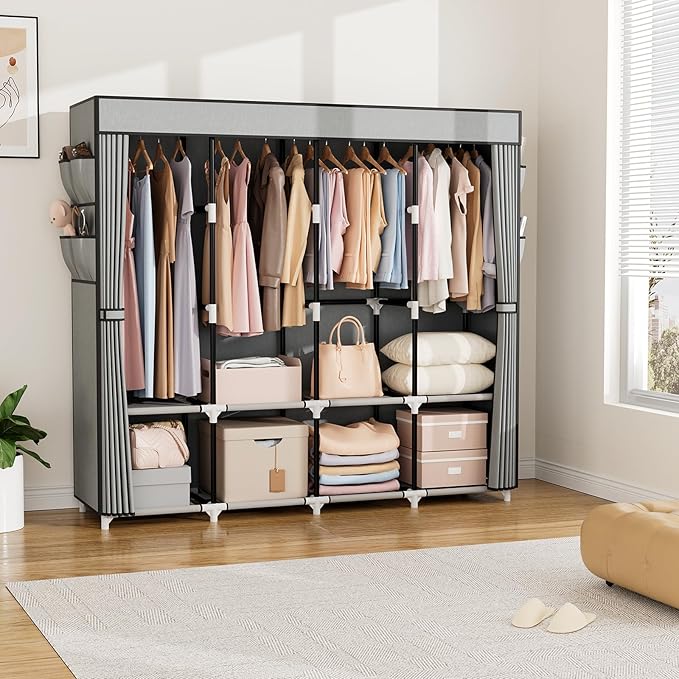 VTRIN Portable Closet for Hanging Clothes 67 Inch Wide Large Capacity Portable Wardrobe Closet with Cover, 4 Storage Shelves 