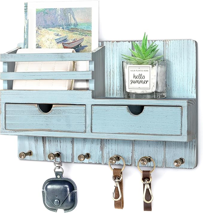 Rebee Vision Decorative Key Holder Wall Mount with 2 Drawer Organizer - Modern Mail Organizer with 6 Key Hooks & Shelf - Home
