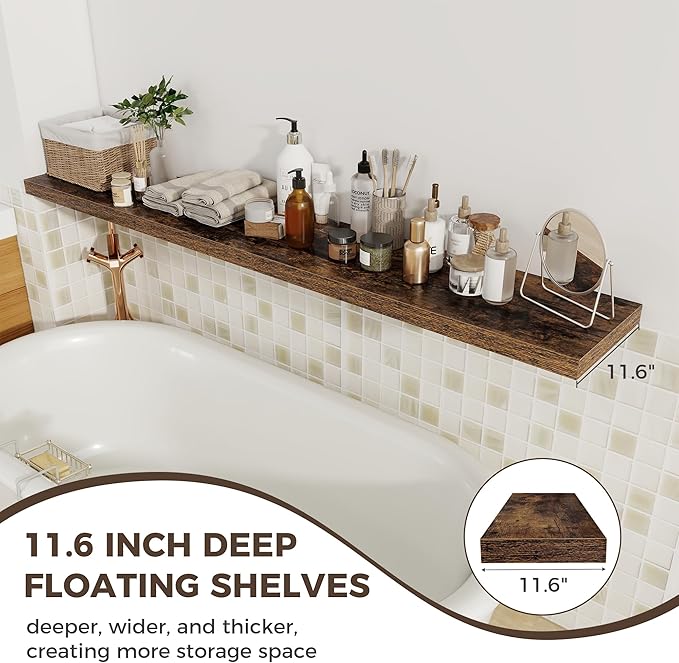 Fun Memories Brown Deep Floating Shelves, 72 x 12 Inch Long Wall Shelves, Large Display Shelf & Storage Shelf, Wood Floating 