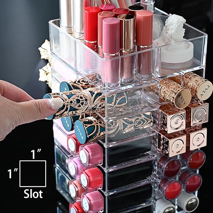 Ikee Design Lipstick Organizer with 53 Slots 360 Degree Rotating Spinning Acrylic Lip Gloss Organizer for Makeup, Lipsticks, 