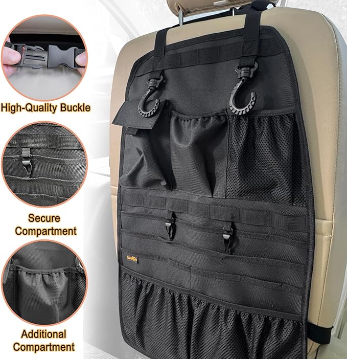 Car Seat Back Organizer, Heavy Duty Back Seat Organizer with Multiple Storage Pockets, Work Truck & SUV Seat Back Storage Bag for Tools, Tablet, Bottles & Essentials – Universal Fit
