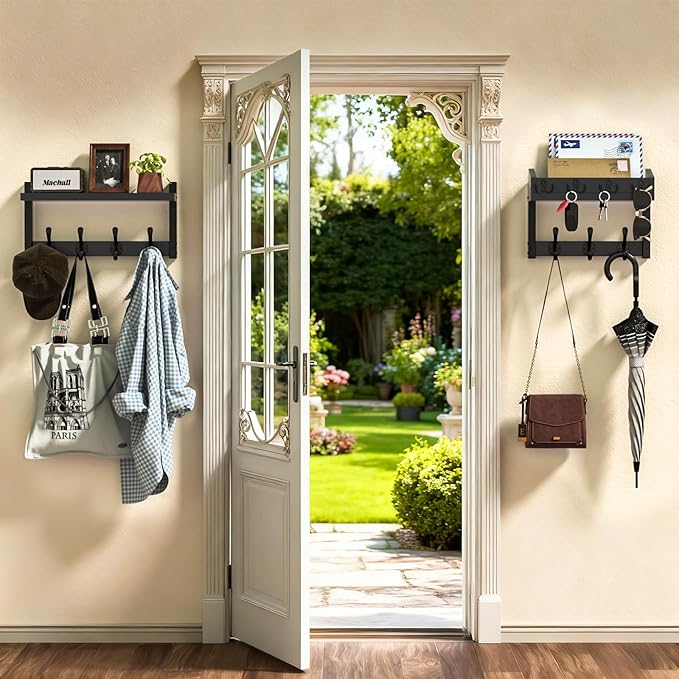 29'' Black Coat Rack Wall Mount with Shelf, Solid Wood Coat and Key Hanger with 11 Metal Hooks, Farmhouse Wall Organizer for 