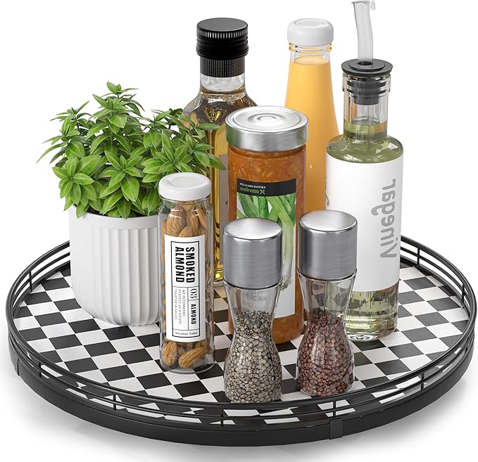 Black and White Kitchen Lazy Susan Turntable – Checkered Round Decorative Tray, 13” Table Top Oak Wood Lazy Susan for Cookies