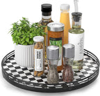 Black and White Kitchen Lazy Susan Turntable – Checkered Round Decorative Tray, 13” Table Top Oak Wood Lazy Susan for Cookies