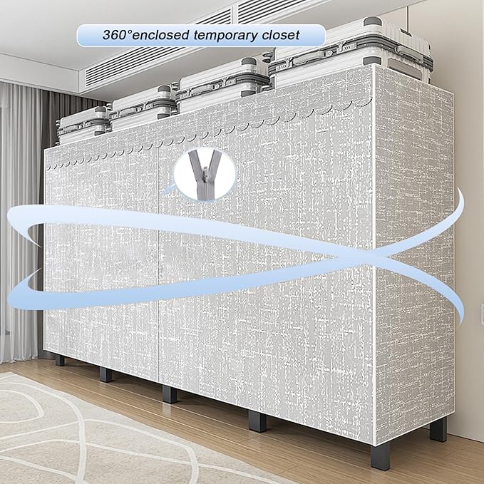 95.3in Heavy Duty Foldable Wardrobe with Cover, Portable Closets for Hanging Clothes, Load 1200lbs, Large Capacity Freestandi