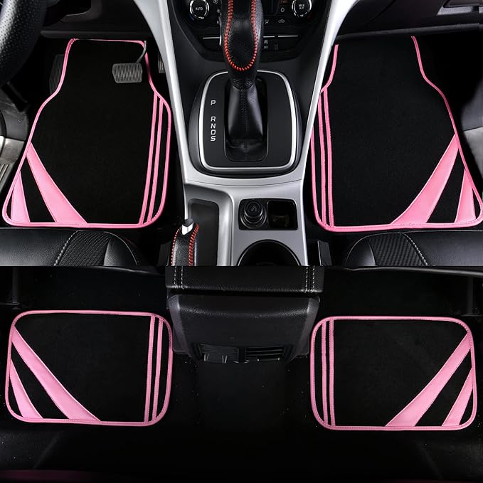 CAR PASS Pink Edge Faux Leather Car Floor Mats Universal Car Carpet Mats with Double Stitch Line Anti-Slip Backing Design, fo
