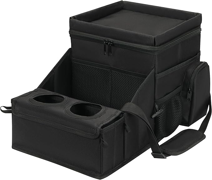 Backseat Organizer for Kids and Passenger Seat Organizer for Adults - Car Seat Cooler and Warmer with Cup Holders and Convertible Tray Lid(Black)