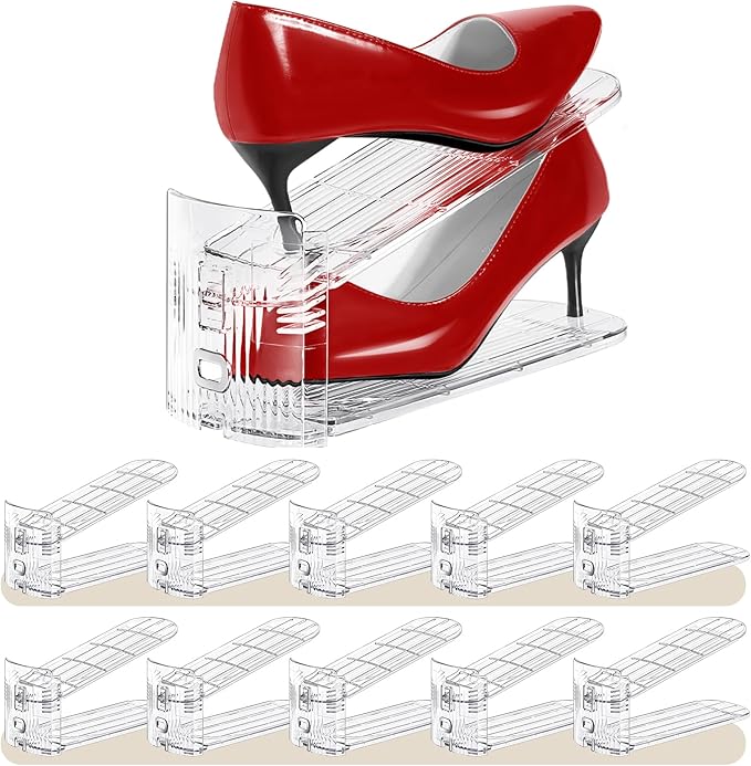 Shoe Slots Organizer 10 Pack - Shoe Stackers,3 Levels Adjustable,Space Savers 50%,Double Layer Holders for Closet (Transparen