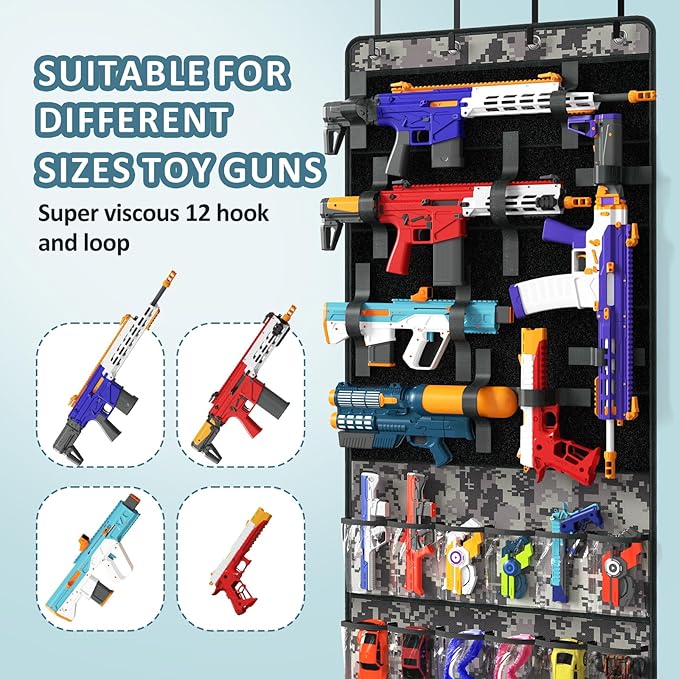 Over The Door Organizer for Toy Guns, Toys Organizer with Pockets, Hook&Loop Straps for Foam Blasters, Darts, Goggles, Hangin