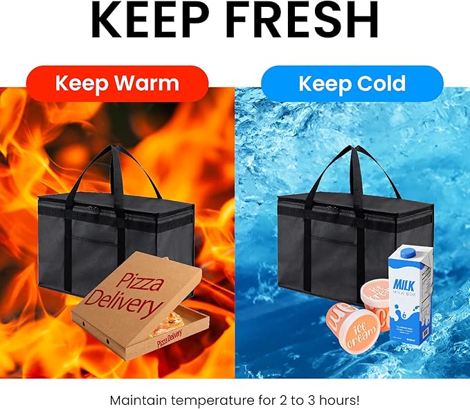 NZ home Insulated Bags for Food Delivery (2XL) Grocery Shopping Cooler Bag, Pizza Delivery, Hot & Cold Catering Tote, Reusable, Foldable & Heavy Duty (2 Pack, Black)