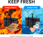 NZ home Insulated Bags for Food Delivery (2XL) Grocery Shopping Cooler Bag, Pizza Delivery, Hot & Cold Catering Tote, Reusable, Foldable & Heavy Duty (2 Pack, Black)