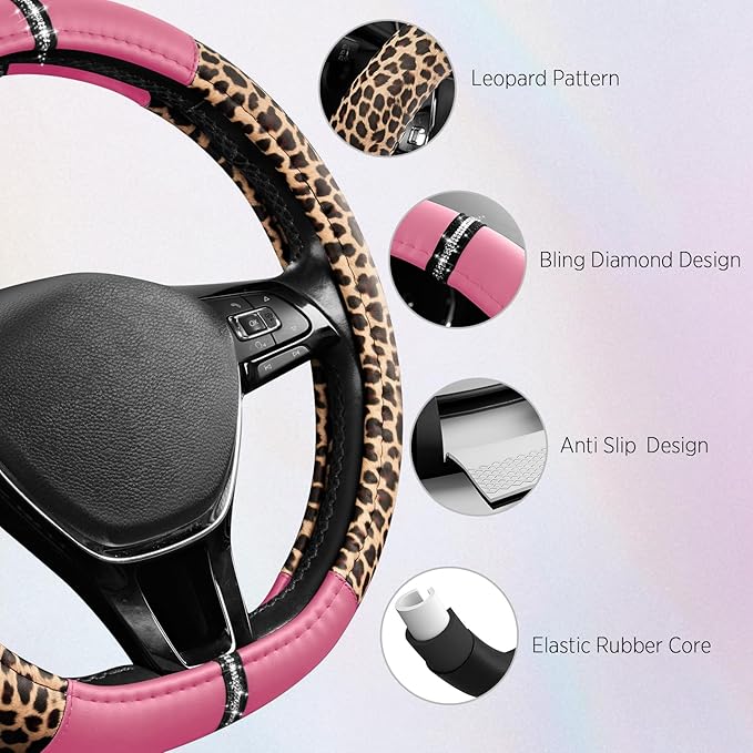 Road Comforts Leopard Steering Wheel Cover for Women, Cute Anti-Slip Microfiber Leather, Fits D Shape Flat Bottom Steering Wh