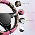 Road Comforts Leopard Steering Wheel Cover for Women, Cute Anti-Slip Microfiber Leather, Fits D Shape Flat Bottom Steering Wh