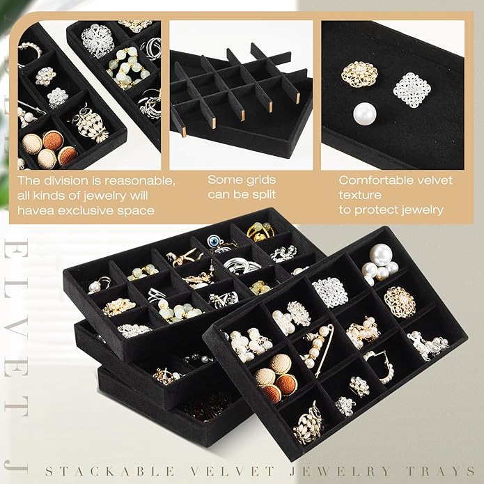 Junkin 12 Pcs Jewelry Tray Velvet Stackable Jewelry Organizer Trays Divided Earring Accessories Storage Containers Box (Rose 