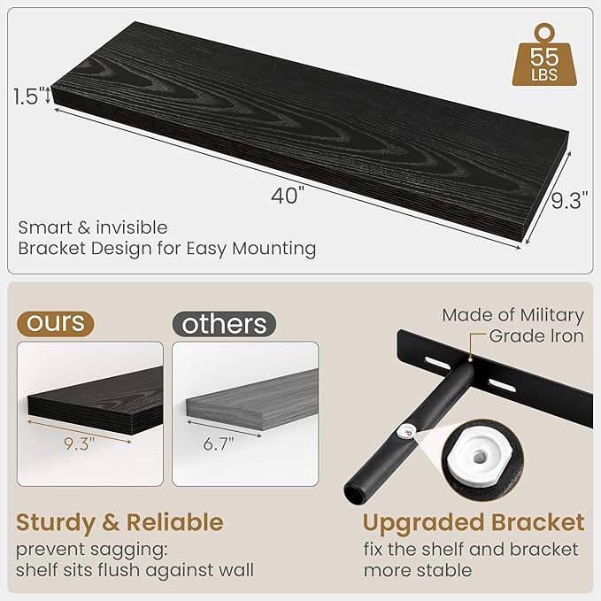 Fun Memories 40 Inch Floating Shelves in Black, 9.3 Inch Deep Floating Shelf for Bathroom Living Room Kitchen, Rusitc Wall Mo
